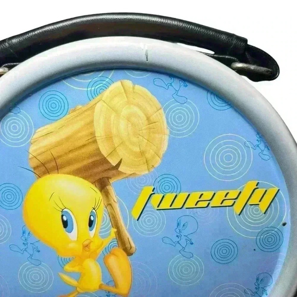 Vintage Looney Tunes Classic Tweety Drum Tin Tote Leather Handle & Latch Closure - Picture 6 of 7